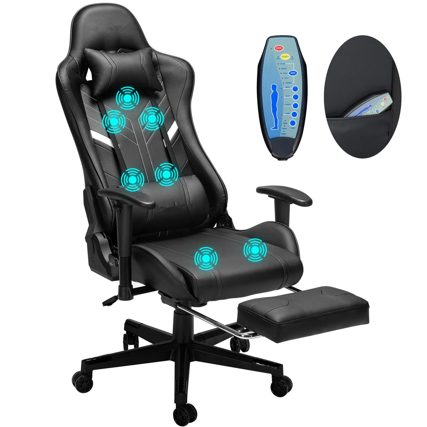 chaise gamer massante avec repose pied noir