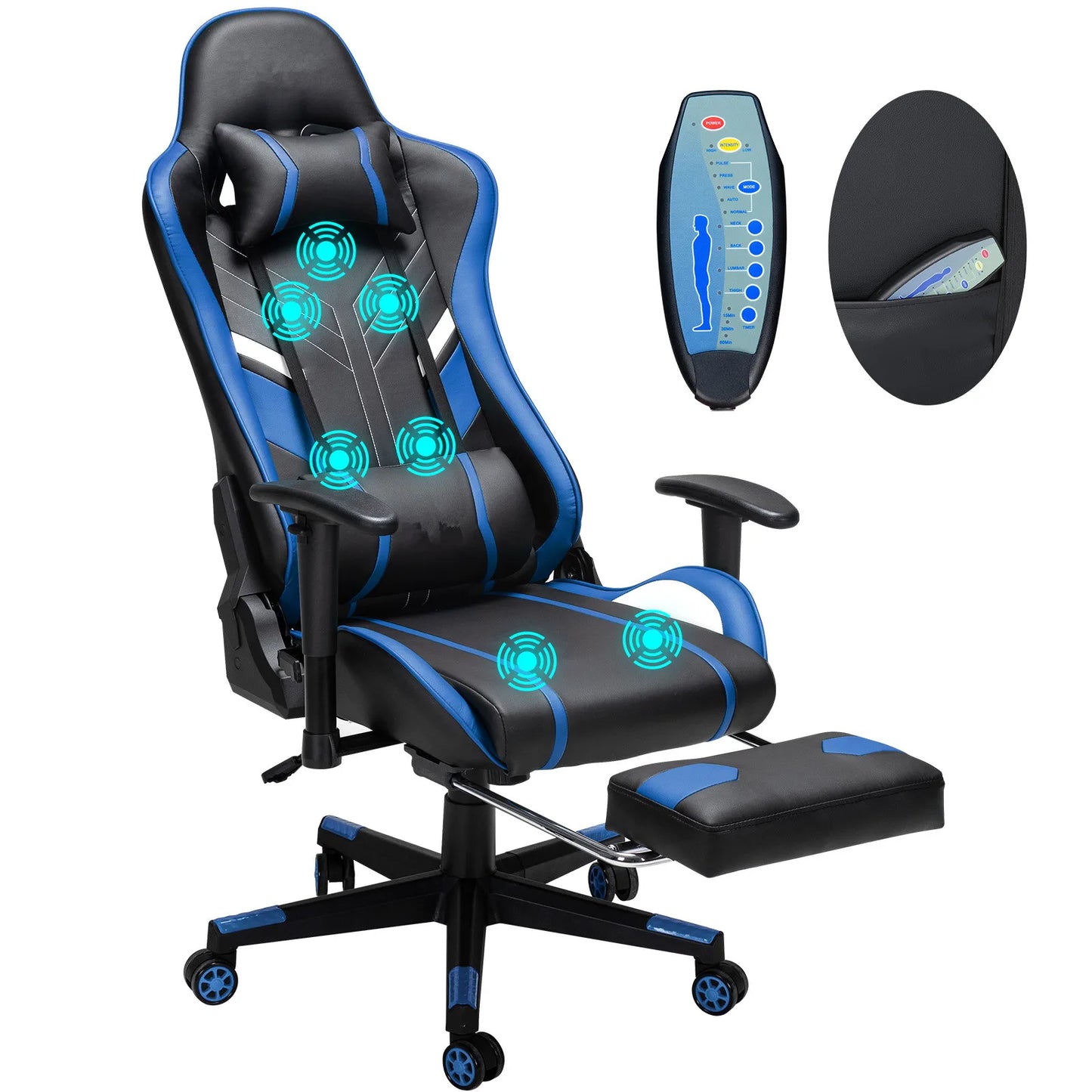 chaise gare massante noir et bleu