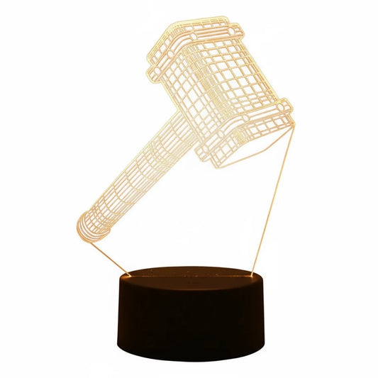 Lampe 3D Mjolnir LED multicolore effet marteau de Thor Marvel, veilleuse décorative pour chambre ou setup gamer.