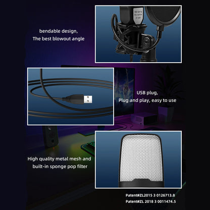 Gaming Computer Professional Condenser Microphone Mic PC Laptop USB Wired Live Streaming Podcast Studio Mike Kit Gamer Karaoke