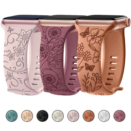 Bracelet gravé floral pour Apple Watch – bandeau iWatch femme élégant