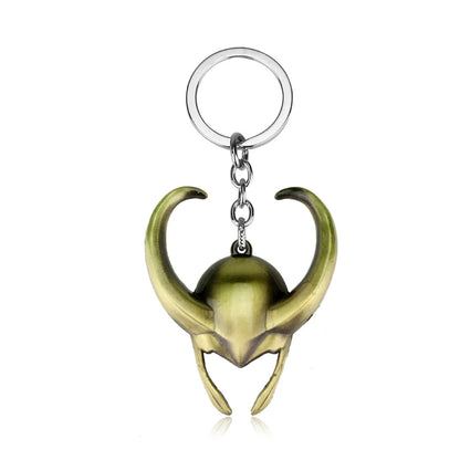 Porte-clés Loki Marvel casque doré, design vintage super-vilain Avengers métal.