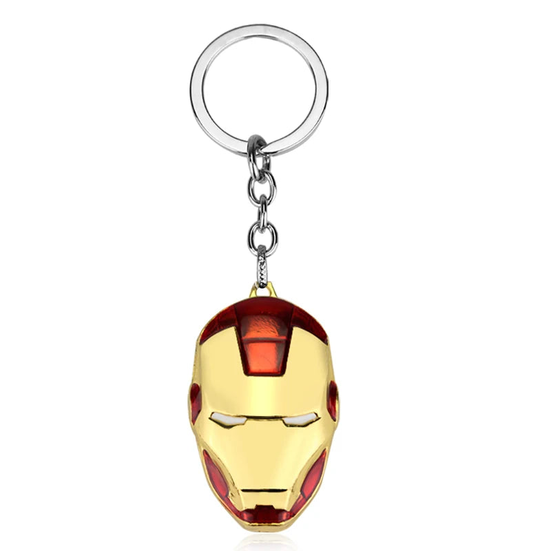 Porte-clés casque Iron Man 3D Avengers métal doré, accessoire pour voiture ou sac.